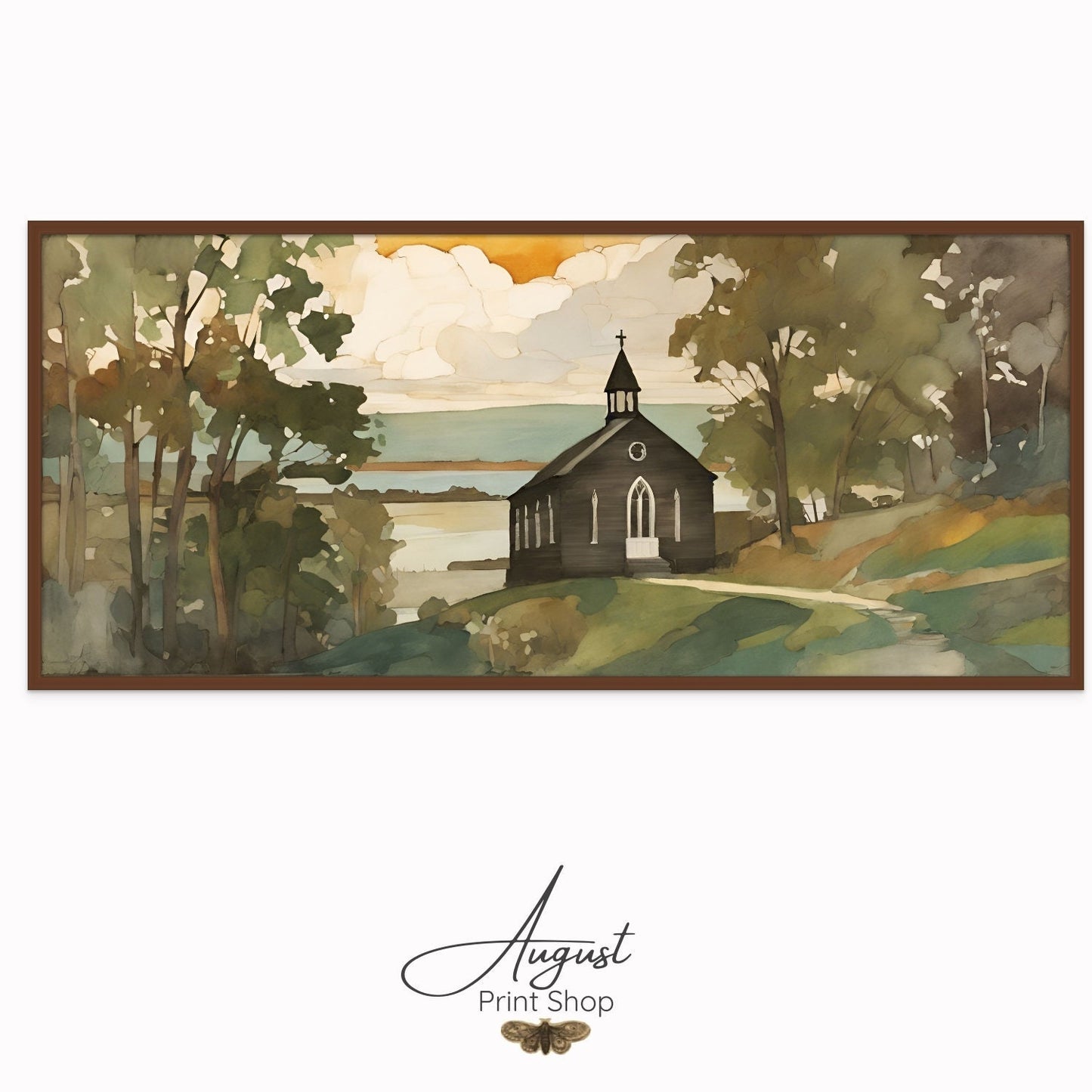 artwork of a black church on a lake. A landscape filled with life and feeling. Deep greens, teal, yellow watercolor style art