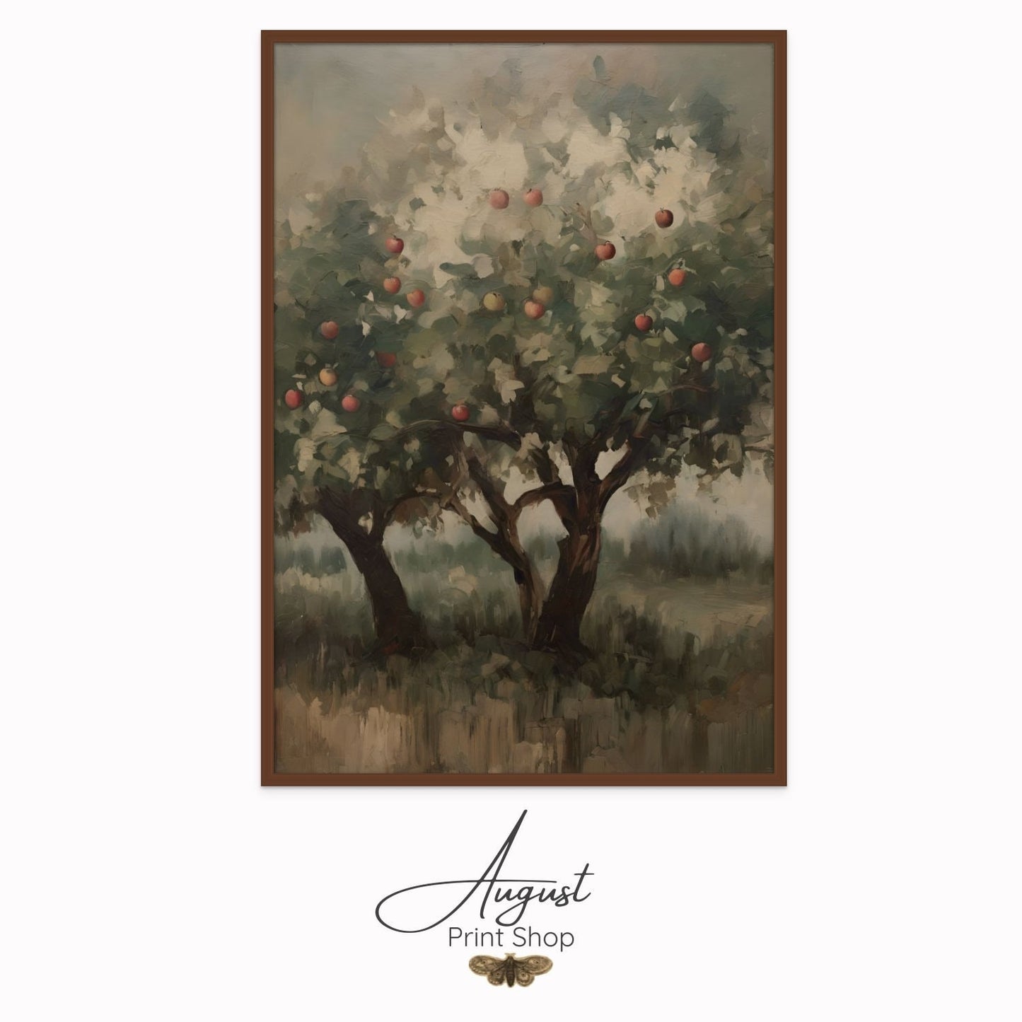 A calming, dark and unique artwork of apple trees.