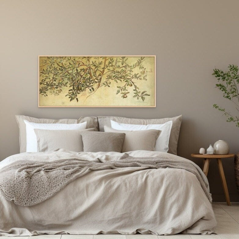 Apple Branch Vintage artwork by Walter Sherlaw. Soft greys, taupe, blue and rusty orange. displayed above a bed in a bedroom.