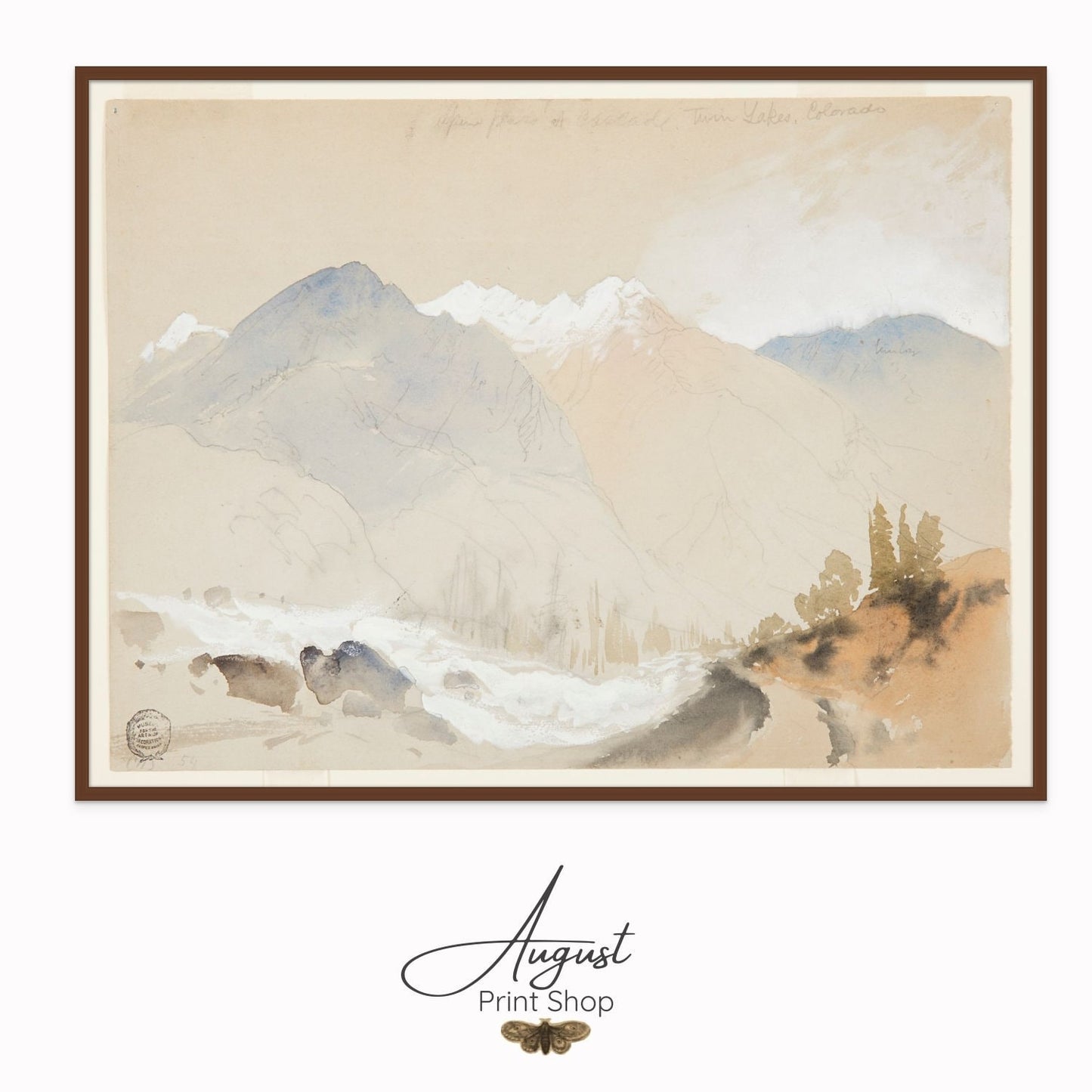vintage artwork by Thomas Moran of an Alpine Pass. Featuring soft colors of blue and sandy beige.