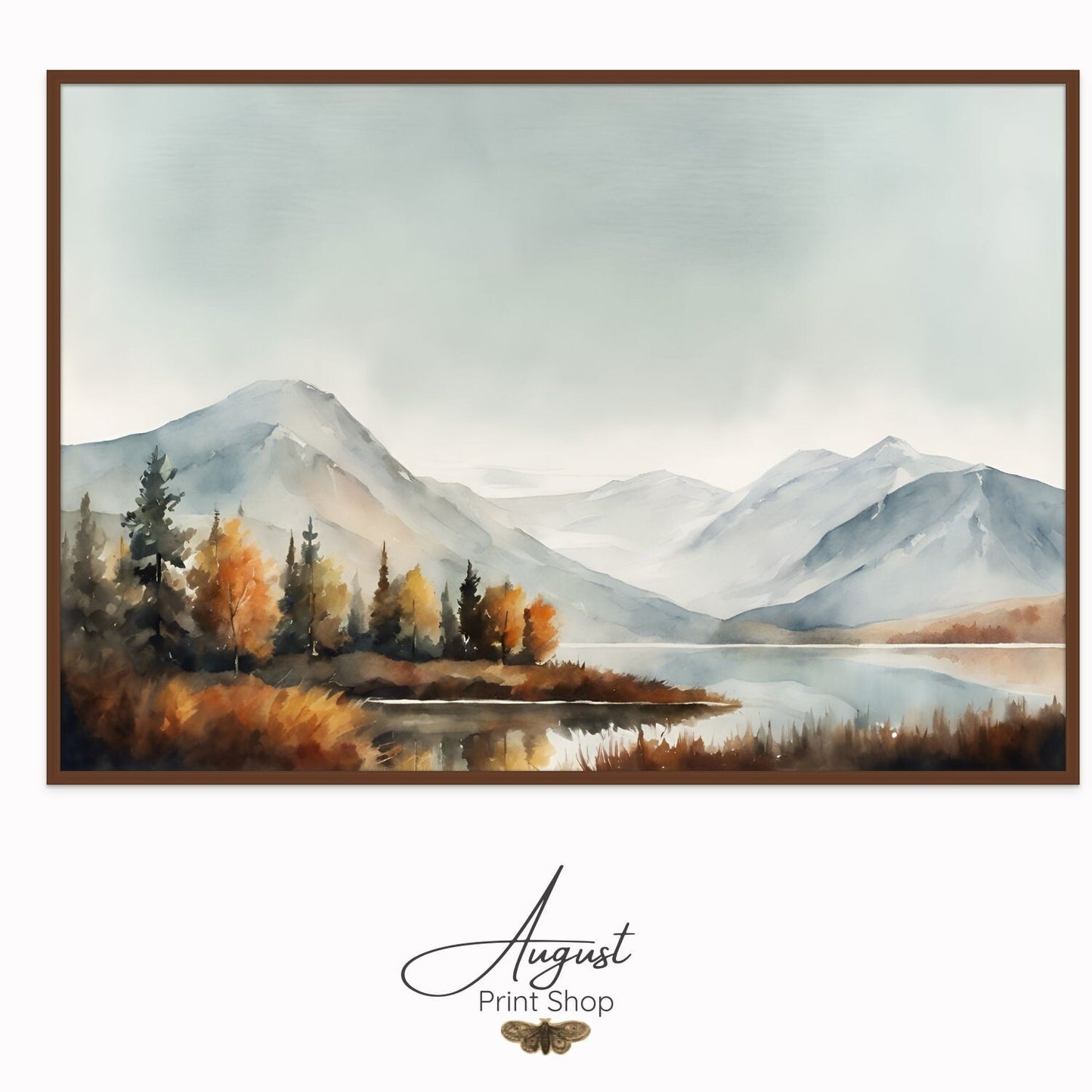 watercolor style painting of a lake during the autumn season. The trees and mountain reflect off of the lake.