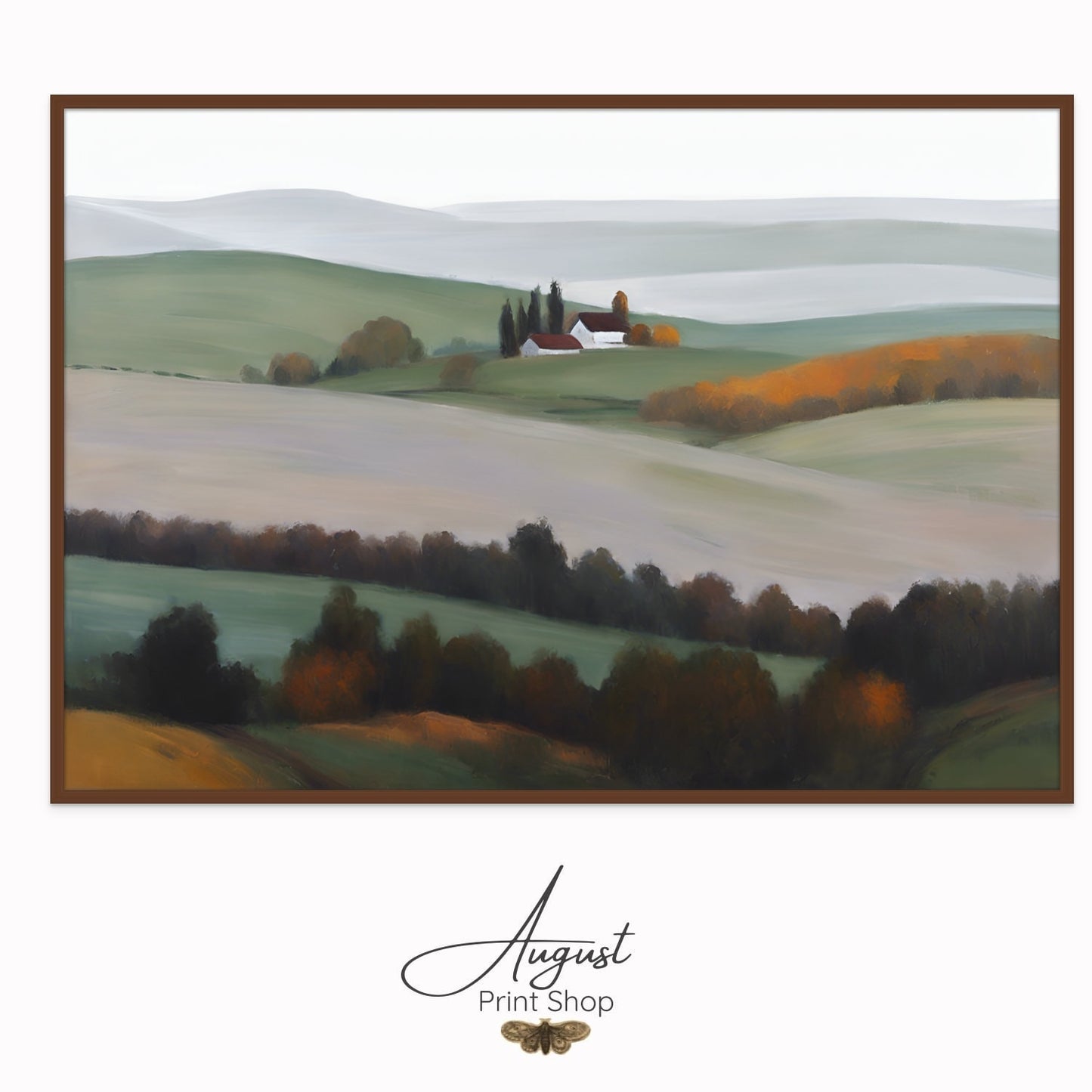 minimlaist painting artwork of a farm field and white barn in the distance. Great layers of neutral fall shades.