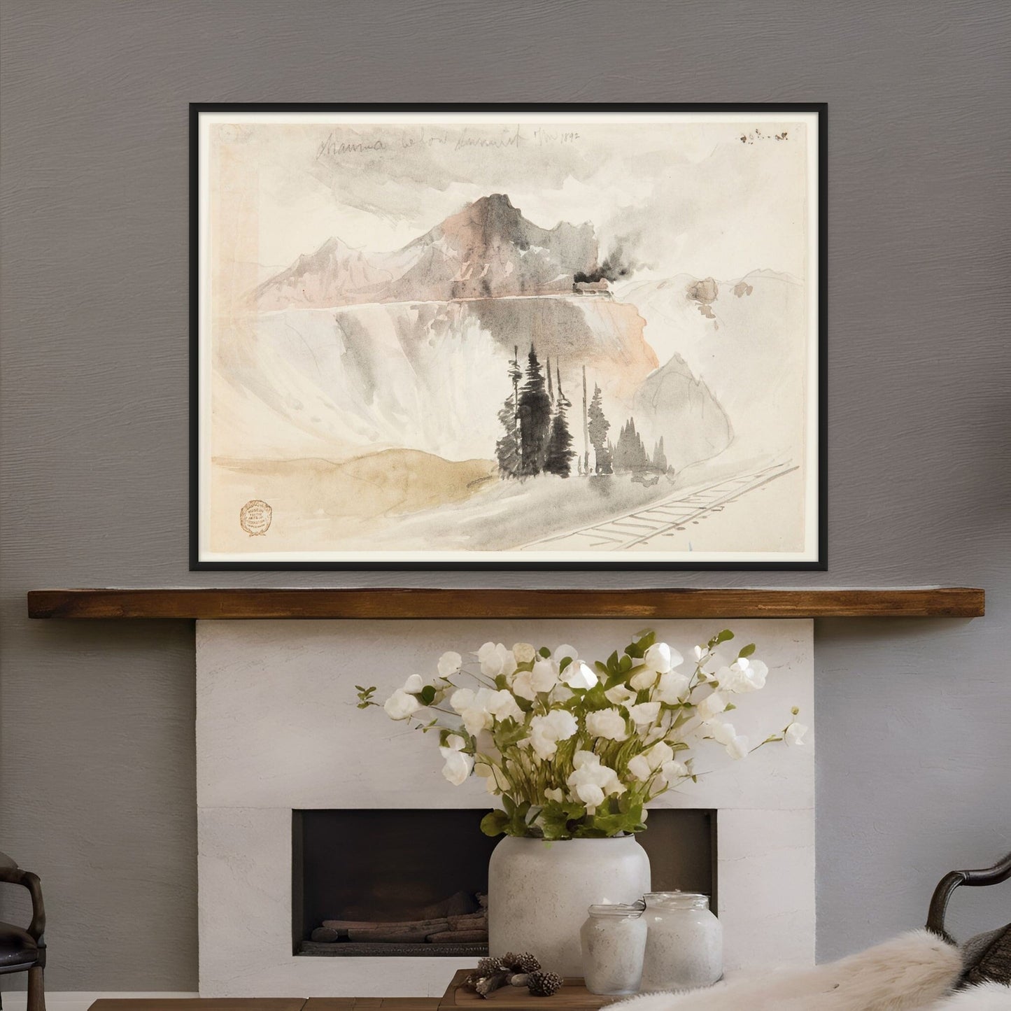 Below the Summmit by Thomas Moran displayed above a fireplace