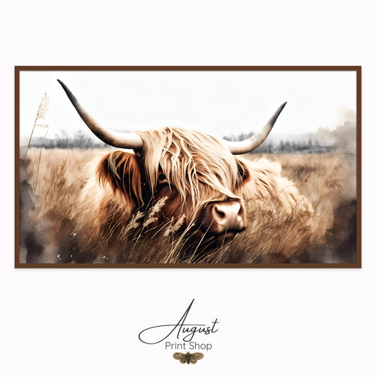 watercolor artwork of a shaggy brown highland cow done as a Print on Canvas