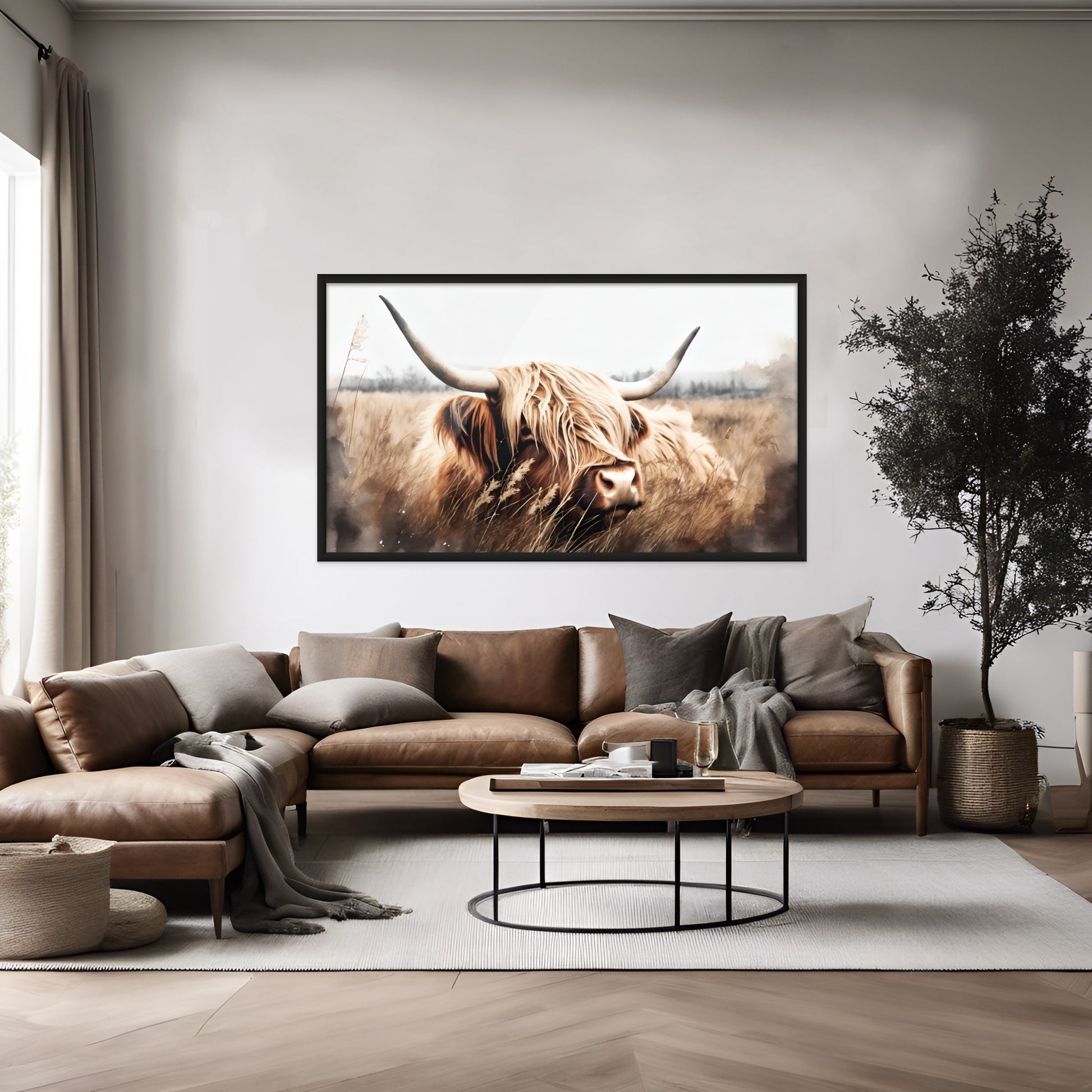 watercolor artwork of a shaggy brown highland cow done as a Print on Canvas wall art