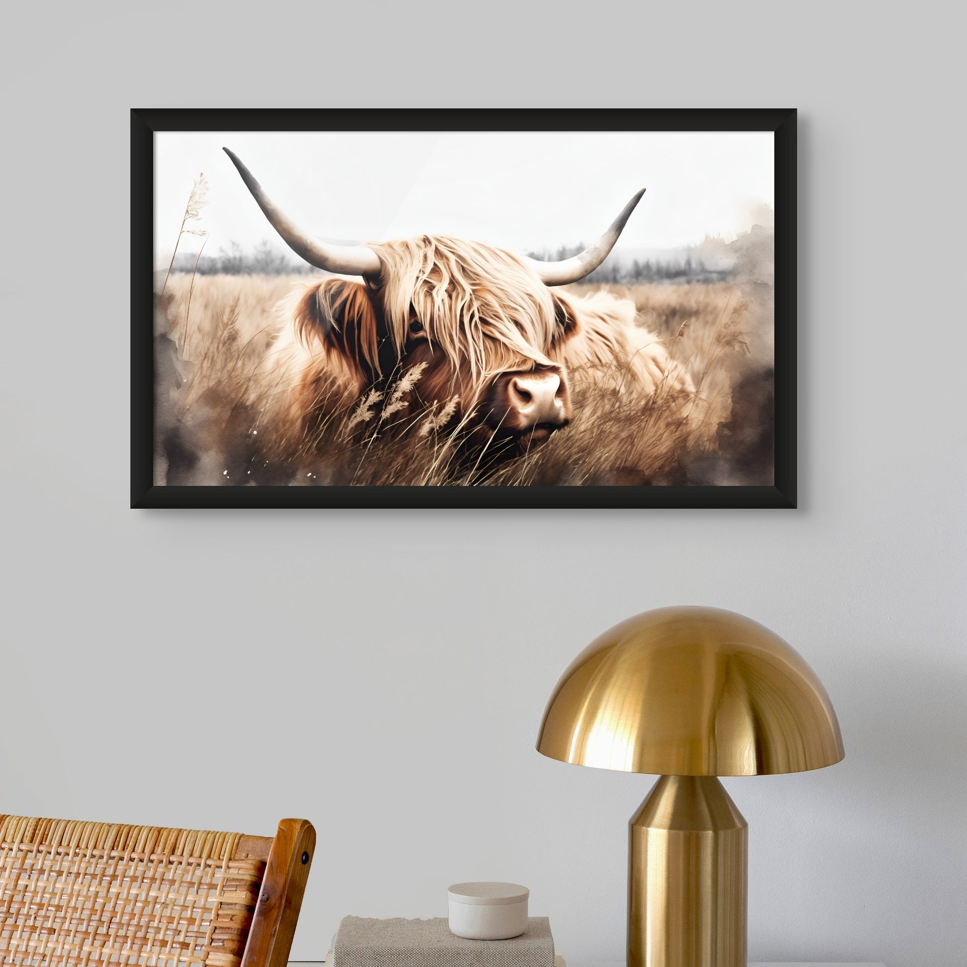 watercolor artwork of a shaggy brown scottish cow ready to hang