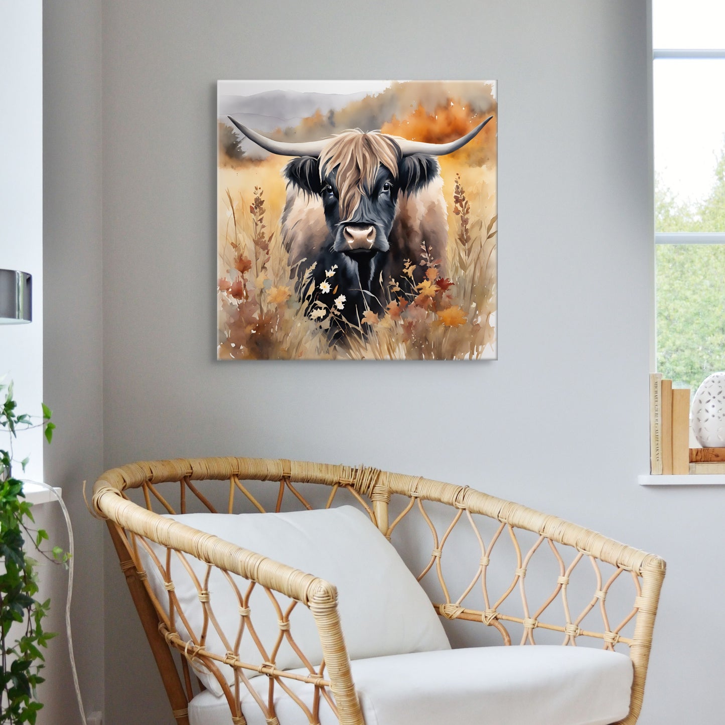 Wall art of a shaggy black highland cow standing in a field surrounded by autumncolors