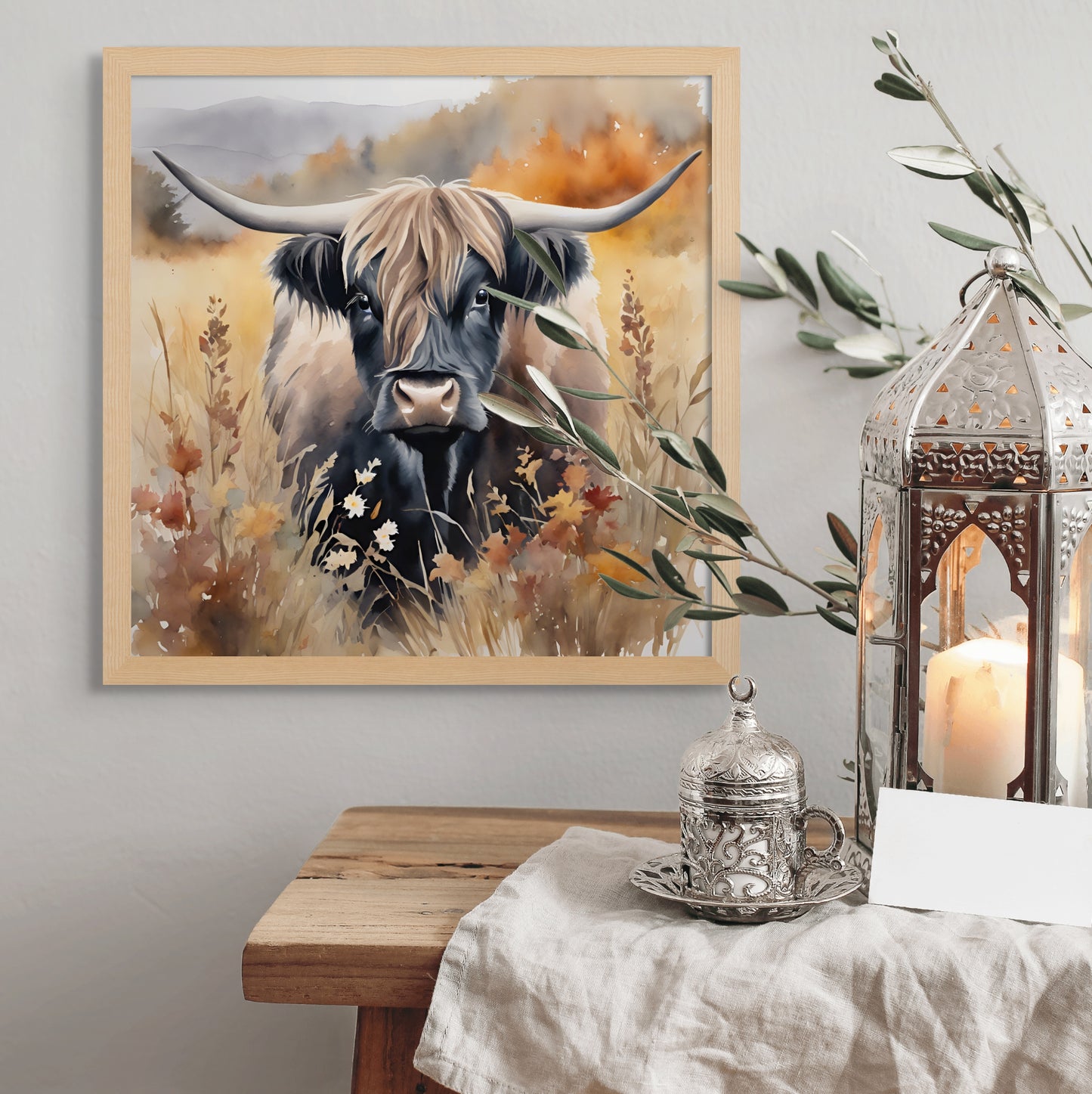 Watercolor painting Wall art of a shaggy black highland cow standing in a field surrounded by fall colors