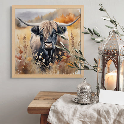 Watercolor painting Wall art of a shaggy black highland cow standing in a field surrounded by fall colors