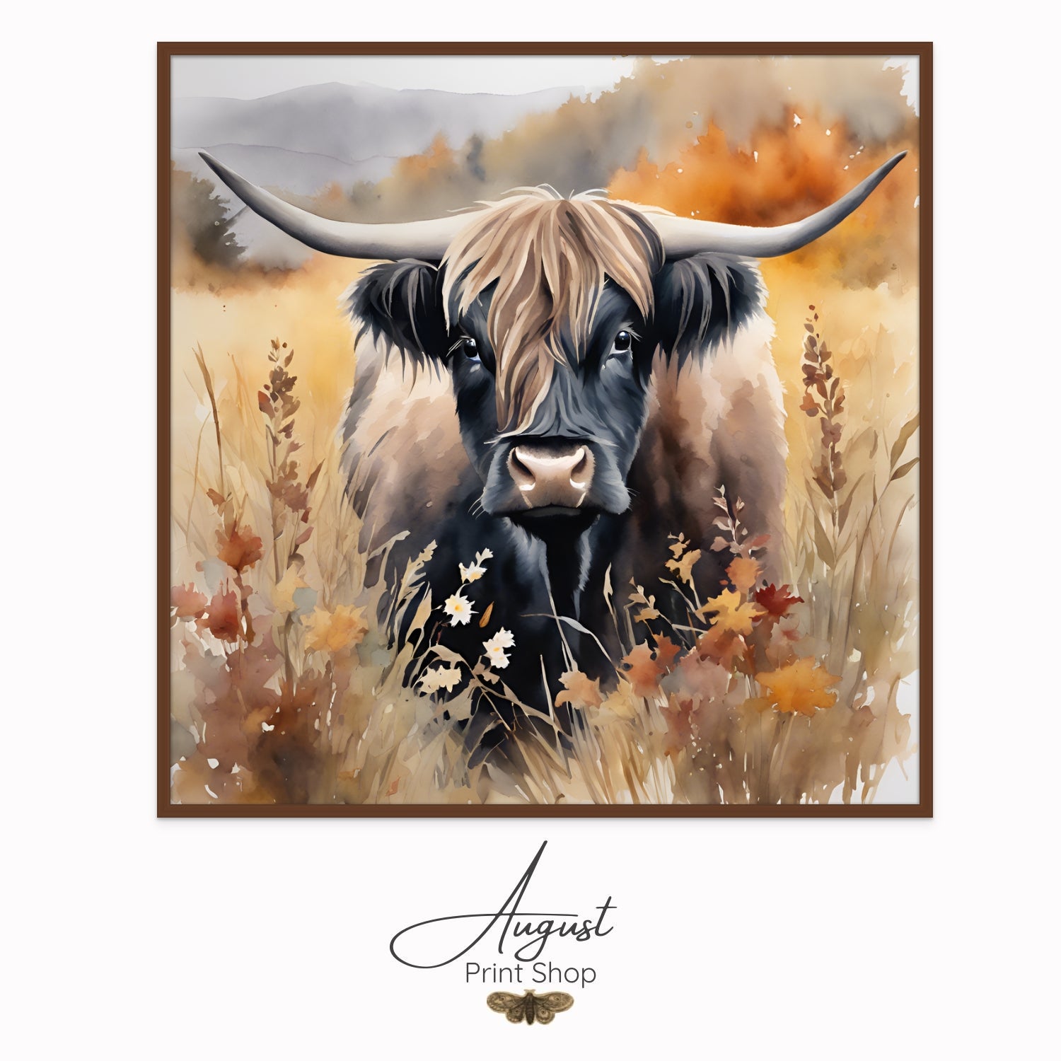 Wall art of a shaggy black highland cow standing in a field surrounded by fall colors