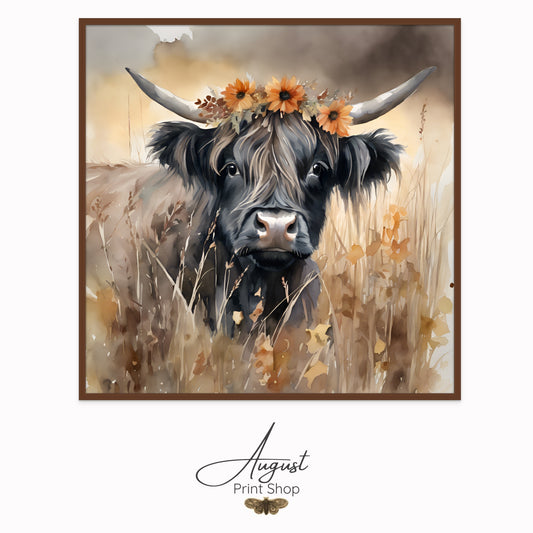 Wall art of a shaggy black highland cow standing in a field surrounded by fall colors wearing an autumn flower crown