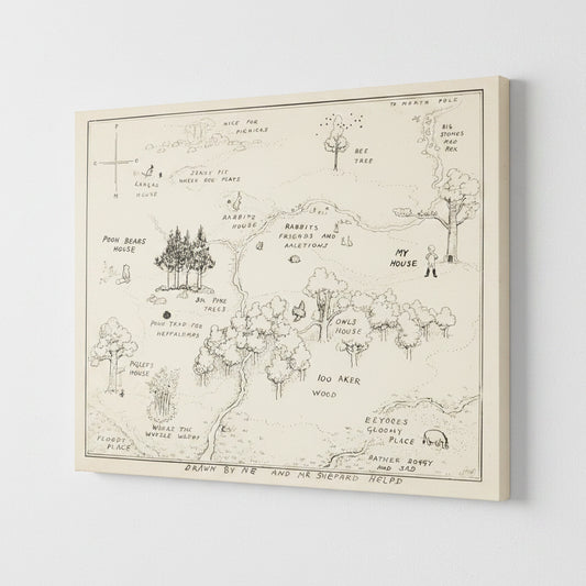 Illustrated map of a fantasy forest in Pooh Bear's World 100 Acre Woods with various landmarks.