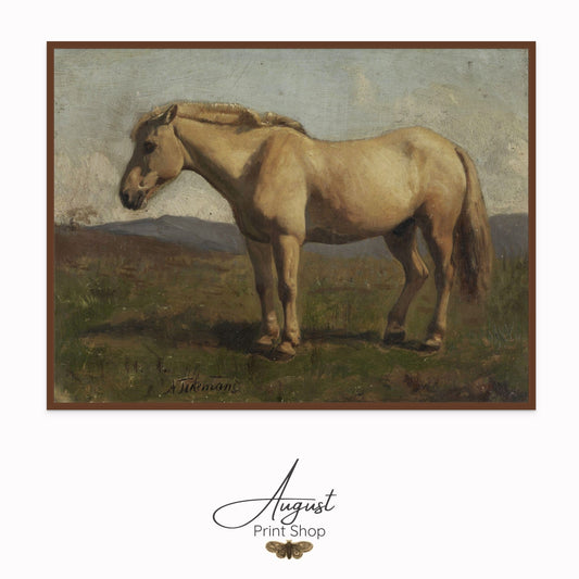 A cream white horse painted in the early 1800s stands in a vintage style. 