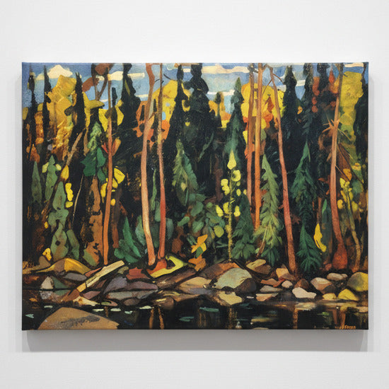 An impressionistic landscape painting of a dense forest with tall trees, yellow and green foliage, rocky shoreline, and water in the foreground, rendered in expressive brushstrokes.