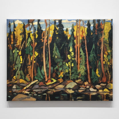 An impressionistic landscape painting of a dense forest with tall trees, yellow and green foliage, rocky shoreline, and water in the foreground, rendered in expressive brushstrokes.