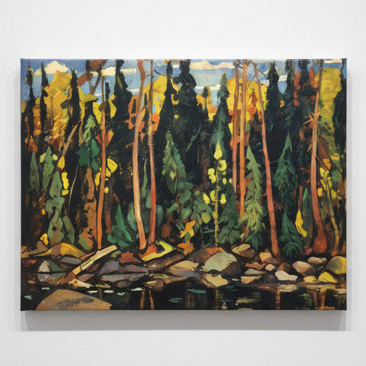 An impressionistic landscape painting of a dense forest with tall trees, yellow and green foliage, rocky shoreline, and water in the foreground, rendered in expressive brushstrokes.