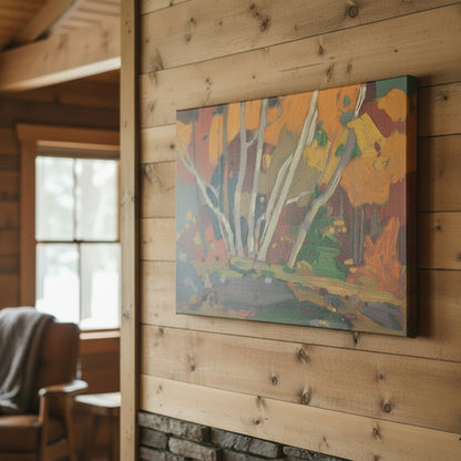 An oil painting of an autumn forest scene with birch trees, featuring vibrant orange, yellow, red, green, and brown brushstrokes.