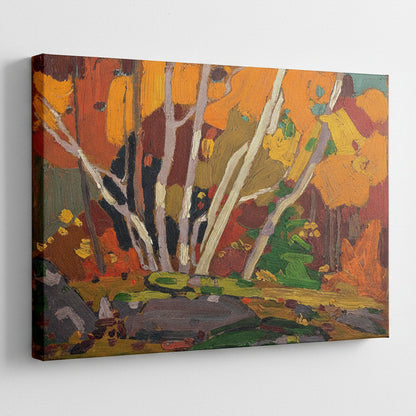 An oil painting of an autumn forest scene with birch trees, featuring vibrant orange, yellow, red, green, and brown brushstrokes.