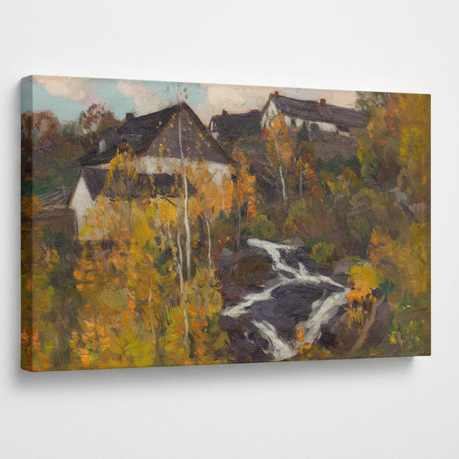 autumn painting scene with orange and yellow birch leave trees. a town sits on the edge of a small waterfall in Montreal Quebec. Print on canvas. 