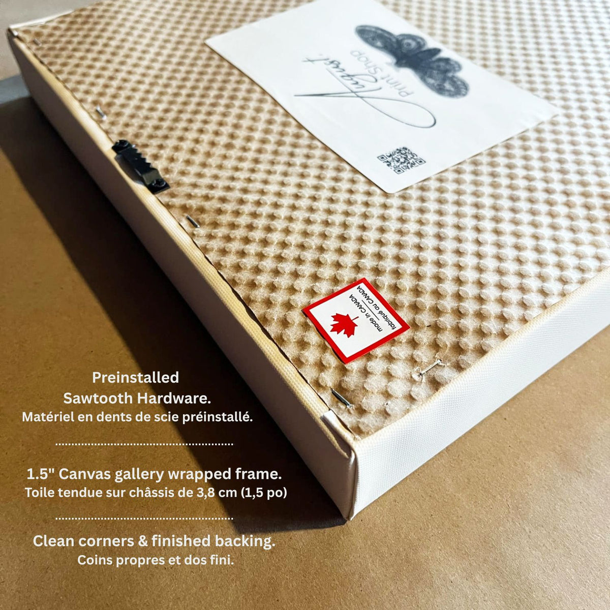 Canvas art frame with packaging showing brand label and product details.