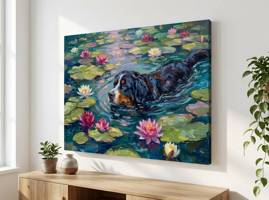 Bernese Mountain Dog in the Water Lilies