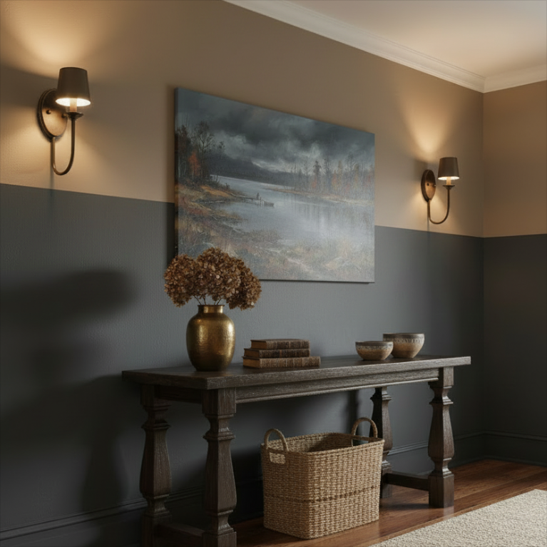 A framed landscape painting of a misty lake at dusk hangs on a two-tone wall above a dark wood console table with decorative vases, books, bowls, and a woven basket in a styled interior.