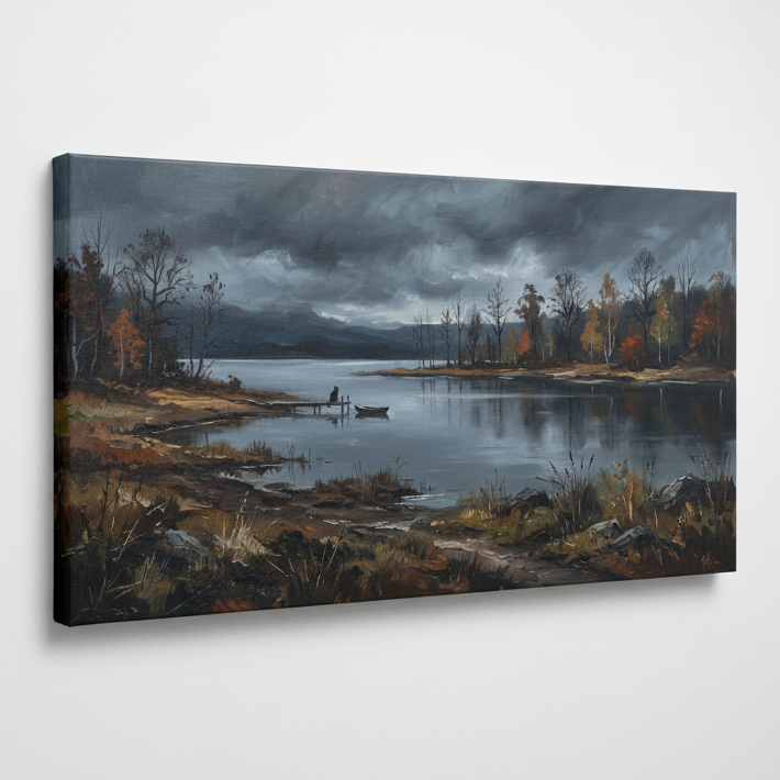 A dramatic landscape painting of a calm lake under a dark, stormy sky, with silhouetted figures in a small boat near the shore, bare trees, and patches of orange autumn foliage along the water's edge.