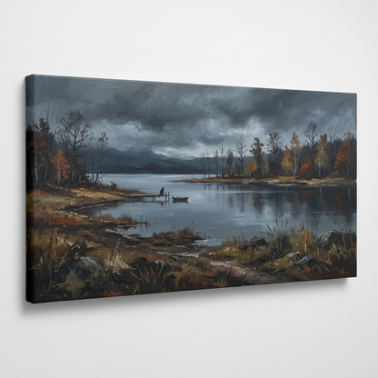 A dramatic landscape painting of a calm lake under a dark, stormy sky, with silhouetted figures in a small boat near the shore, bare trees, and patches of orange autumn foliage along the water's edge.