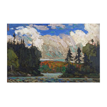 Canadian lake landscape with autumn in background, canvas wrapped artwork of a group of seven painting done as a print on canvas.