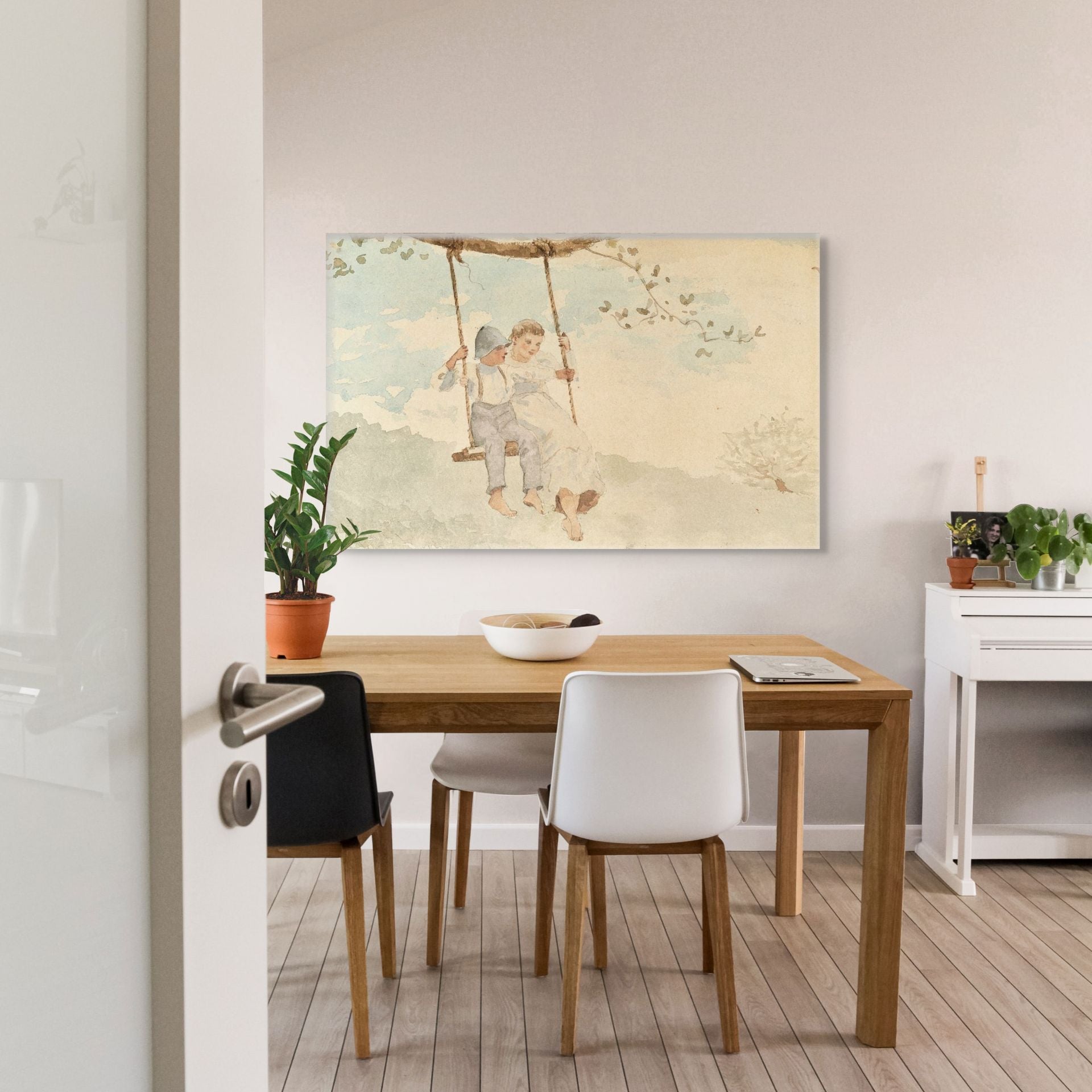 Boy and GIrl on a Swing canvas featuried in a dining room