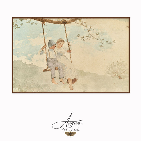 Boy and Girl on a swing vintage canvas wall decor
