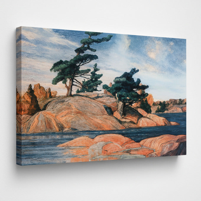 A surreal landscape artwork showing a tall blue waterfall on the left, a large orange-brown rock face with a face-like form rising through it, dark green trees on the cliff edge, and a pale blue sky with soft cloud formations on the right.