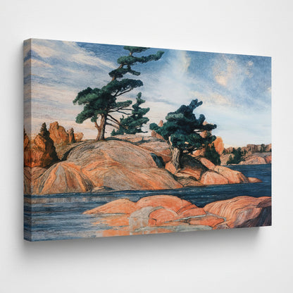 A surreal landscape artwork showing a tall blue waterfall on the left, a large orange-brown rock face with a face-like form rising through it, dark green trees on the cliff edge, and a pale blue sky with soft cloud formations on the right.