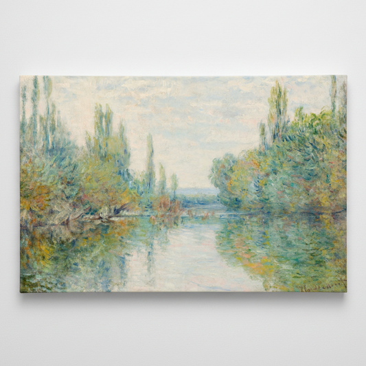 Impressionist landscape painting of a calm river with tall trees on both banks, rendered in soft brushstrokes of green, blue, yellow, and white.