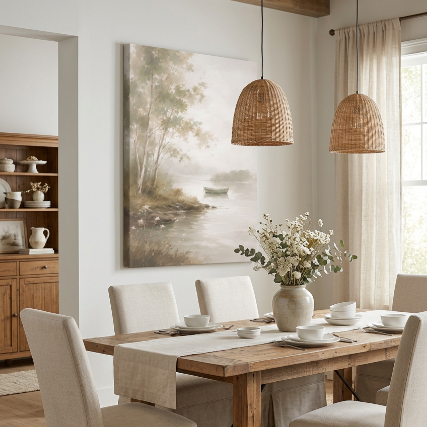Canvas artwork features a lake in early fall with a rowboat sitting in the mist. Soft Muted colours. 