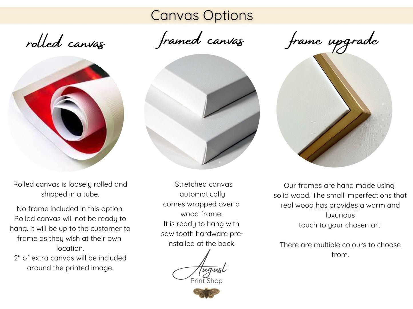 Canvas options for customers to choose between when placing an order. Rolled canvas, framed canvas and a frame upgrade option.