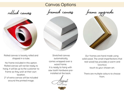 Canvas options for customers to choose between when placing an order. Rolled canvas, framed canvas and a frame upgrade option.