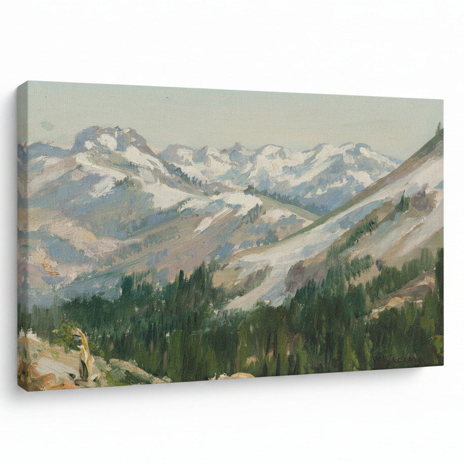 Oil Painting style print on canvas. evergreen trees under the white snowy mountains.  