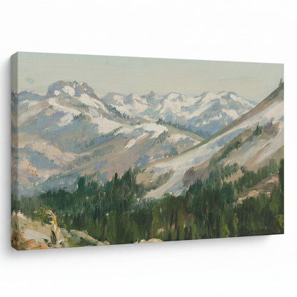Oil Painting style print on canvas. evergreen trees under the white snowy mountains.  