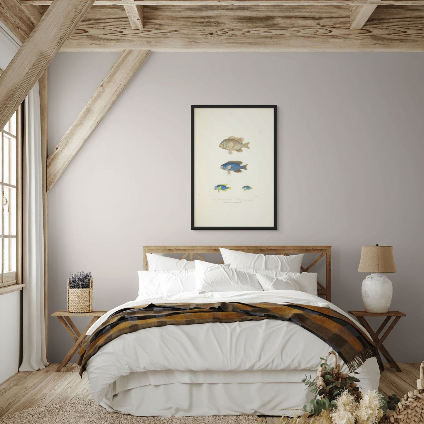 Bedroom with wooden bed, white bedding, and framed artwork on the wall.