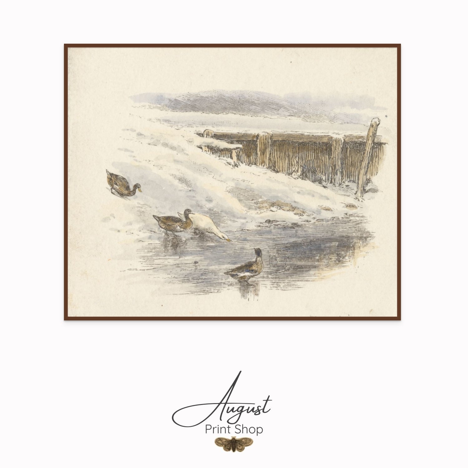 Framed artwork of birds on a snowy landscape with 'August Print Shop' branding.