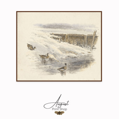 Framed artwork of birds on a snowy landscape with 'August Print Shop' branding.