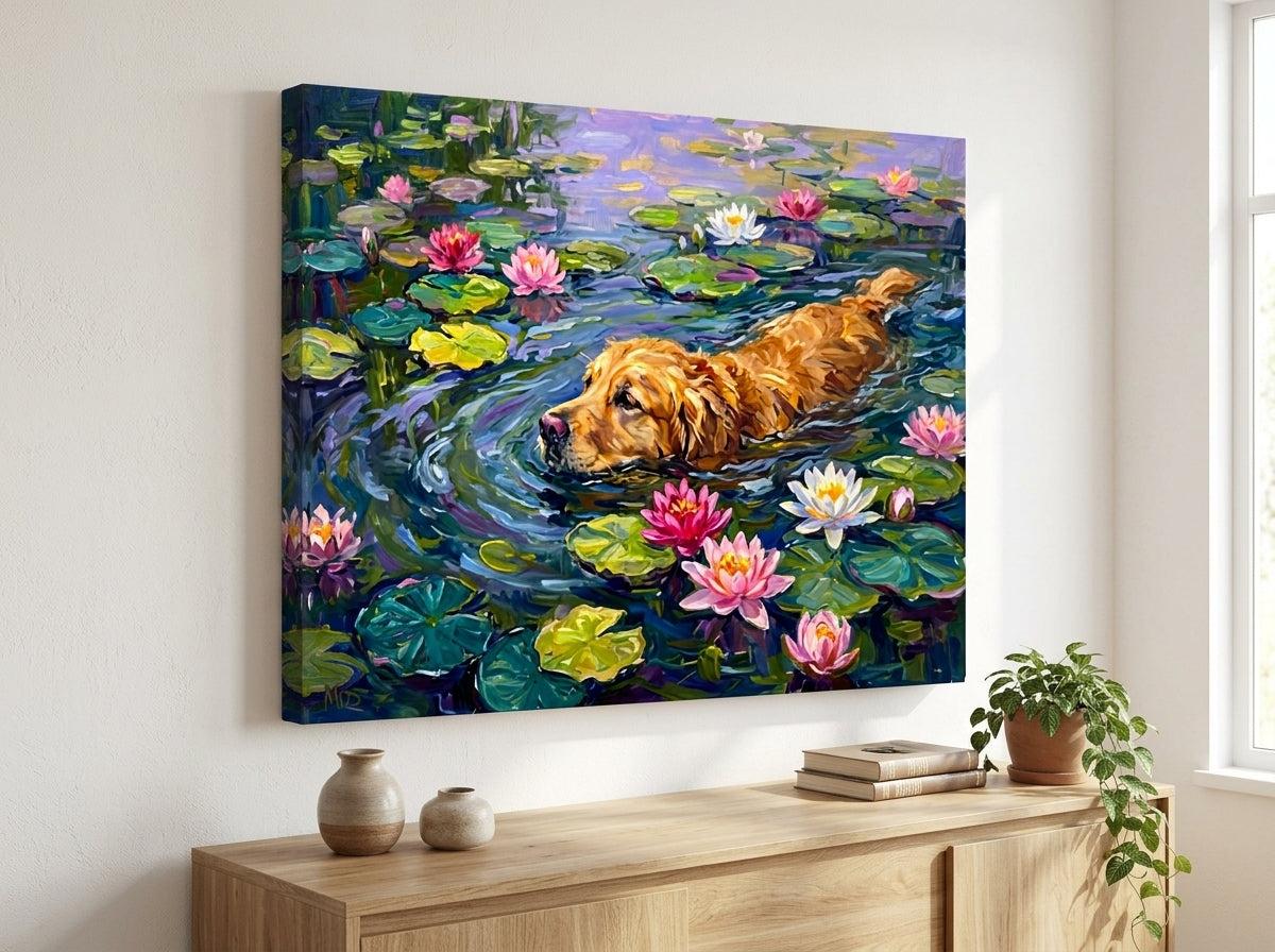 Golden Retriever Dog in the Water Lilies