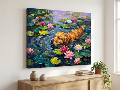 Golden Retriever Dog in the Water Lilies
