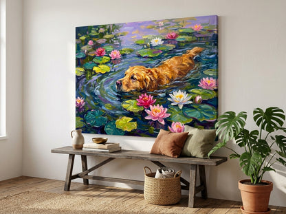 Golden Retriever Dog in the Water Lilies