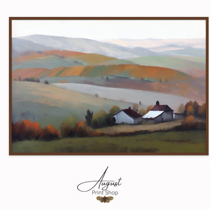 painting artwork of a farm field and white barn in the distance. Great layers of neutral fall shades such as orange and deep maroon