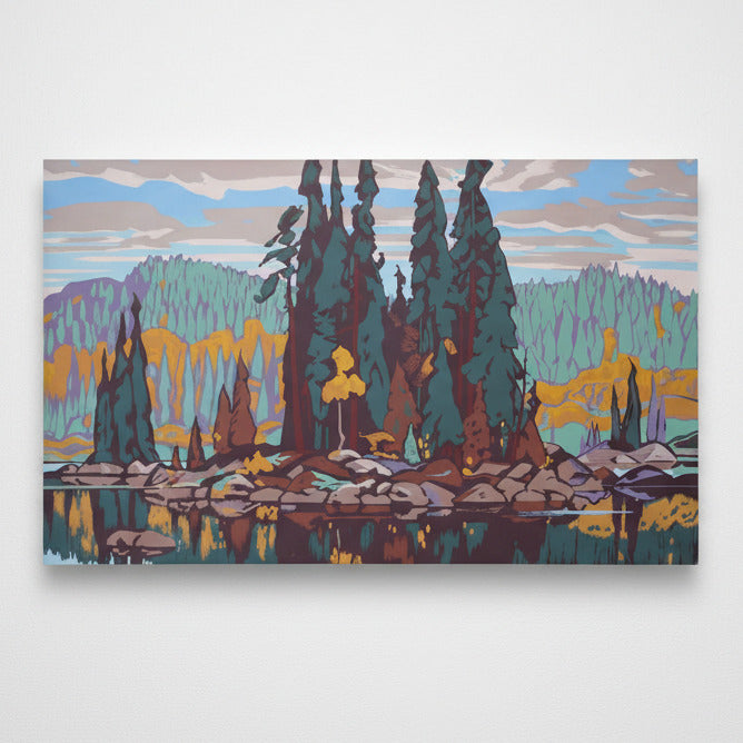 A vertically oriented abstract landscape-style artwork with mirrored, kaleidoscopic forms in teal, blue, brown, purple, yellow, and gray, resembling a stylized mirrored scene of trees, water, and sky.
