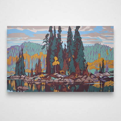 A vertically oriented abstract landscape-style artwork with mirrored, kaleidoscopic forms in teal, blue, brown, purple, yellow, and gray, resembling a stylized mirrored scene of trees, water, and sky.