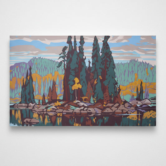 A vertically oriented abstract landscape-style artwork with mirrored, kaleidoscopic forms in teal, blue, brown, purple, yellow, and gray, resembling a stylized mirrored scene of trees, water, and sky.