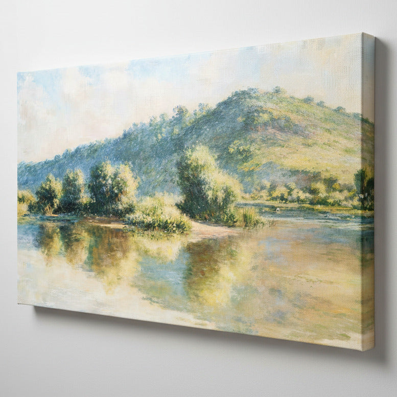 Impressionist landscape painting of a calm river with tree islands and a sunlit green hill under a pale sky, rendered in soft blue, yellow, beige, and green tones.